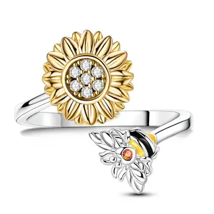 MULA S925 Silver Sunflower Bee Ring, Adjustable Open Floral Ring with Cubic Zirconia, Nature-Inspired Cottagecore Jewelry, Cute Garden Gift for Women, Girls, Bee Lovers & Sunflower Enthusiasts