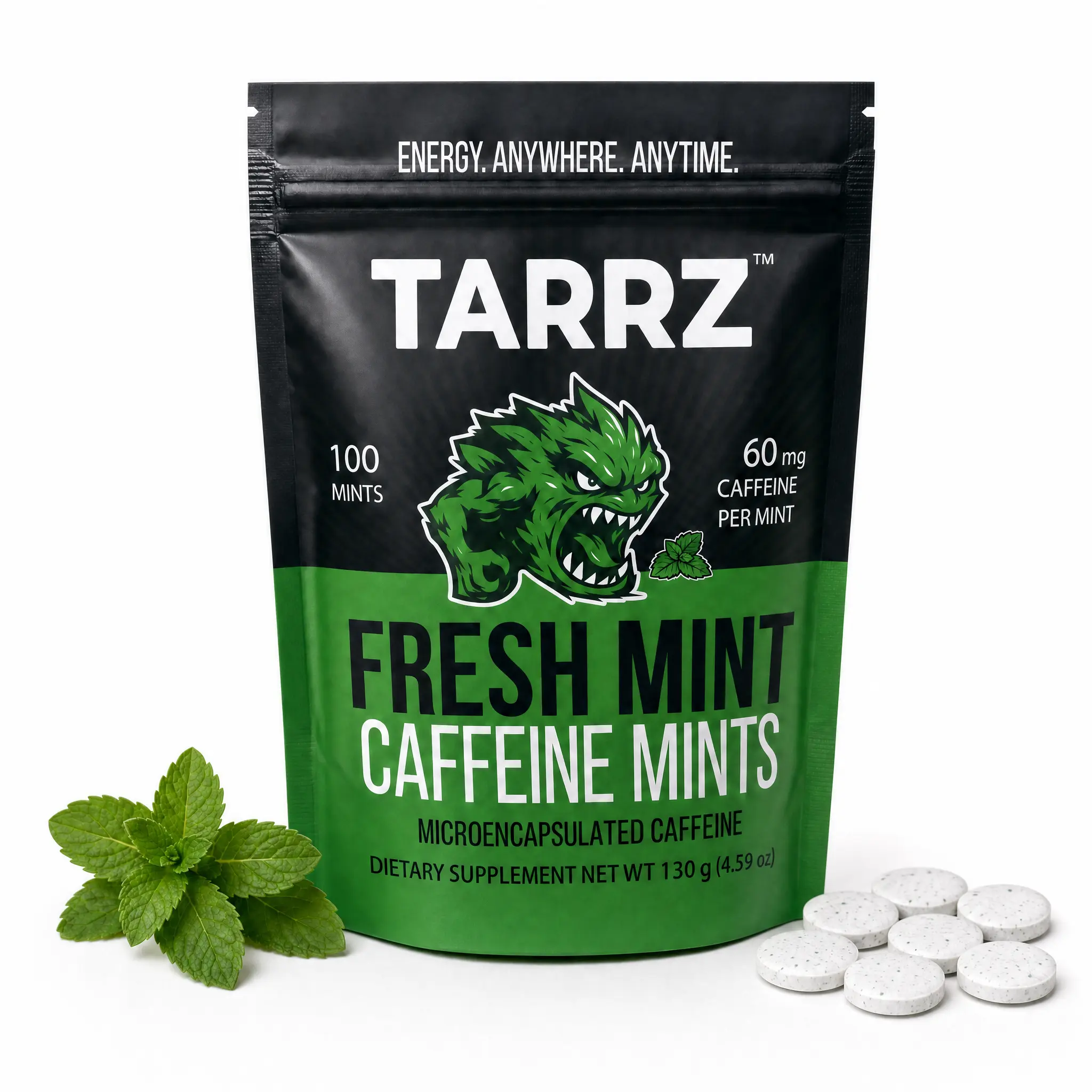 TARRZ Fresh Mint Caffeine Mints, 60mg Caffeine Per Mint, 100 Count Resealable Bag, Microencapsulated Caffeine, Made in USA