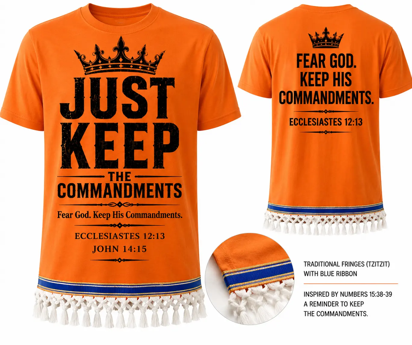 Men's Stylish Short-Sleeve Streetwear T-Shirt - Just Keep the Commandments Apparel with Fringes, Blue Ribbon, John 14-15 & Ecclesiastes 12-13, Hebrew Heritage, Orange Framed Design, Oversized Casual Menswear
