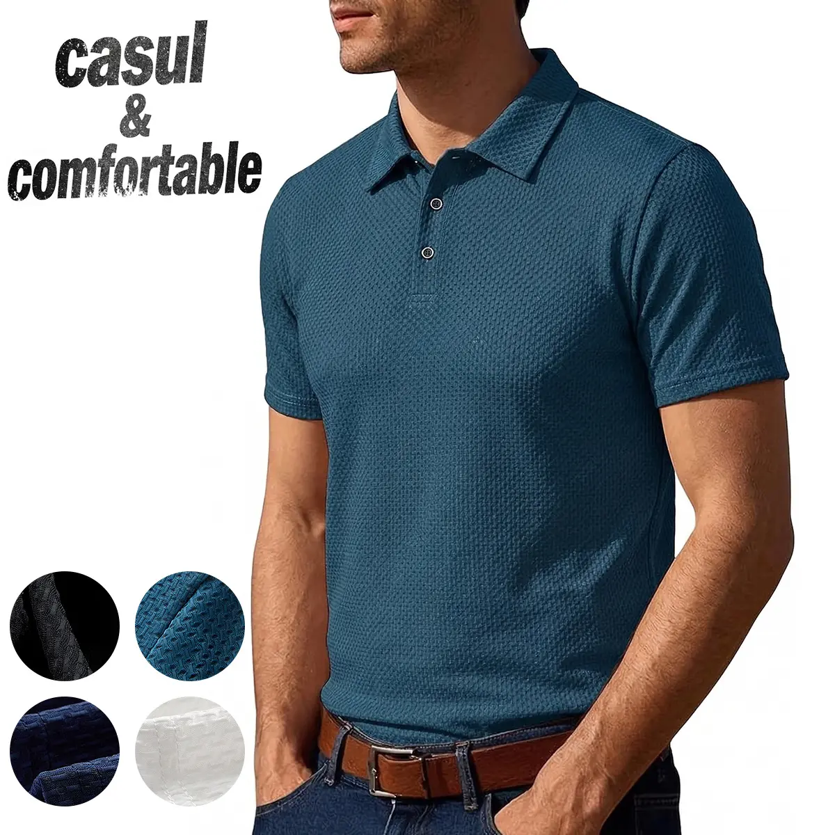 Men's Casual Polo Shirt Slub Short Sleeve Polo for Men, Lightweight Breathable Textured Polo Shirt for Business Casual, Office, Golf, Daily Wear, Summer Top