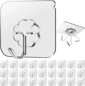 28 Pack Sticky Hooks for Hanging Heavy Duty, Wall Hooks Adhesive, Clear self Adhesive Hooks for Wall, Kitchen, Bathroom, Shower & Ceiling
