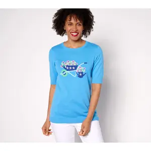 Denim & Co. Crew Neck Elbow Sleeve Sweater with Intarsia