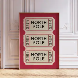 North Pole Ticket Print, Red Christmas Wall Art, Retro Xmas Poster, Vintage Holidays Wall Decor, Farmhouse Christmas Golden Decor, Christmas Tree Square Painting Poster, Christmas Gifts