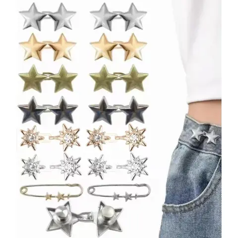 14-Set Textured Durable Metal Waist Fixer Pins, No-Sew Adjustable Jean Buckles with Detachable Buckle Snaps, Tool-Free Installation, High-Grade Metal Anti-Bending, Comfortable Wear Fashion Accessory for Pants Fit Adjustments