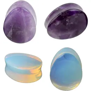 Opalite Moon & Amethyst Ear Gauges Plugs Tunnels Expanders Stretcher Natural Organic Double Flared Piercing Body Jewelry Stone Teardrop Shape 2Pairs