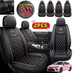 thicken 2PCS Car Seat Cover with Scratch-Resistant Durable PU Leather Crown Embroidery Front Double-Seater Full-Wrap Seat Cushion Cover for All Seasons