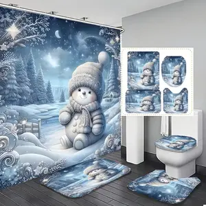 1/3/4pcs Winter Snowman Shower Curtain Set with 12 Hooks, Non-Slip Bath Mat, U-Shaped Rug, Round Toilet Lid Cover, Perfect for Home Decor and Gift, Festive Frosty Bathroom Accessories, Shower Essentials