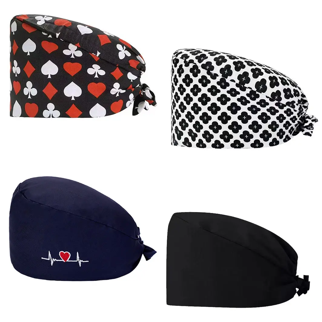 Women's Fit Scrub Hats, 4-Pack Adjustable Surgical Caps with Buttons, Breathable Cute Design for Nurses, Adjustable Hat, Beanie Fitted, Floral, Unisex, Casual, Polyester