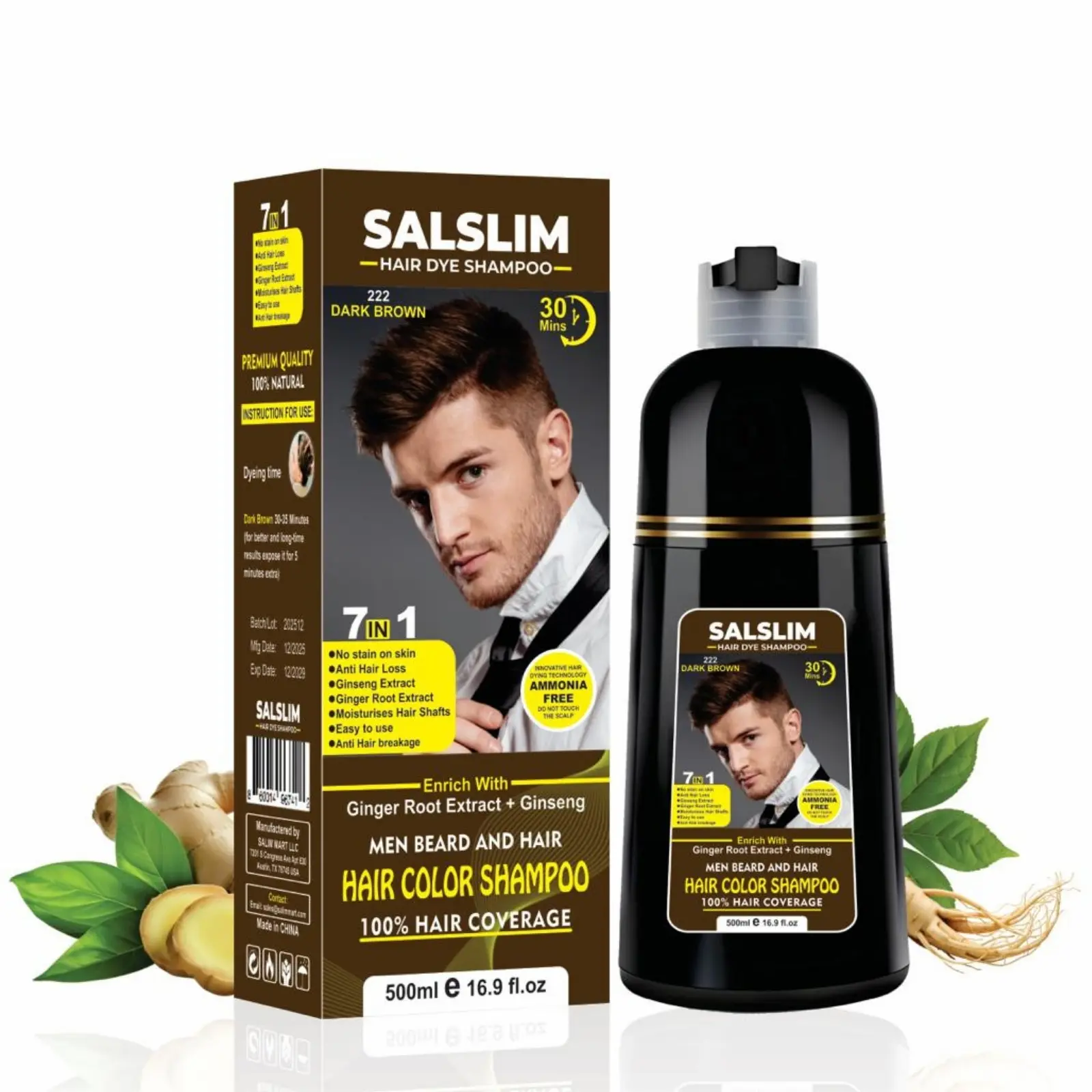 SALSLIM 7-in-1 Hair Dye Shampoo | Hair Color Shampoo for Gray Hair Coverage | Herbal Formula with Ginseng & Ginger Extracts | Ammonia-Free | Hair & Beard Use | For Men & Women