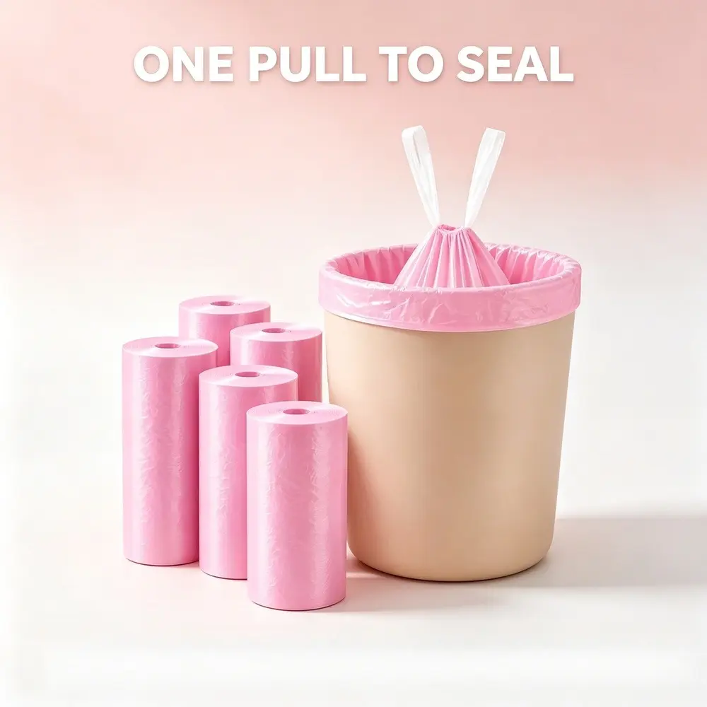 100PCS Pink Drawstring Trash Bags - Polyethylene Home Care Essential, 1-Pull Seal, Tear Resistant Pouch Pack, Waste Disposal Bags for Everyday Home Use