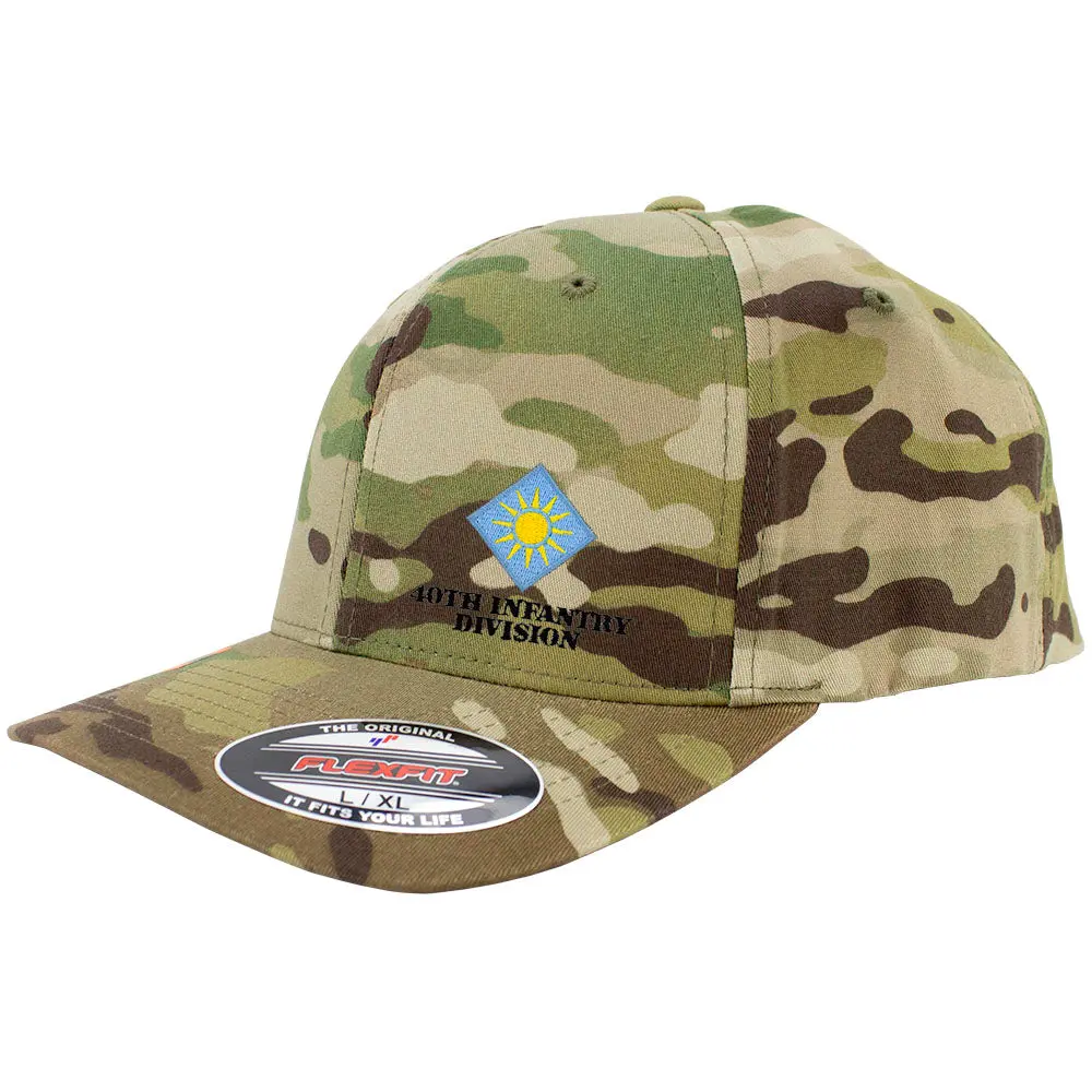 Structured Multicam Baseball Cap for 40th Infantry Division, 6-Panel Fitted Design in Poly-Cotton, Embroidered at the USAMM Shop, 3-1/2 Crown, 63% Poly, Camouflage, Pre-Curved, Elastane