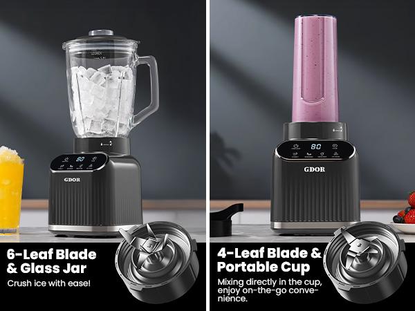 GDOR Professional Blender | 4 & 6 Blade Option | 1200W Peak Power | 5 Functions | Self-cleaning function | 52 oz Glass Jar & 24 Oz To-Go Cup Combo | Kitchen Drink Cold Press Juicer | for Smoothies | Blend & Go Portable