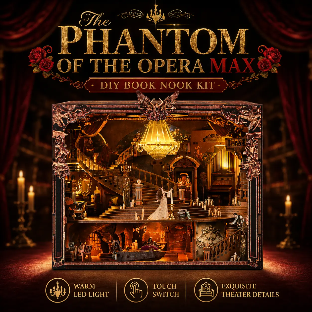 MiniCity The Phantom of the Opera MAX Book Nook Kit with LED Light, 3D Wooden Puzzle DIY Miniature Theater Bookshelf Insert, Gothic Musical Decor Gift for Adults**