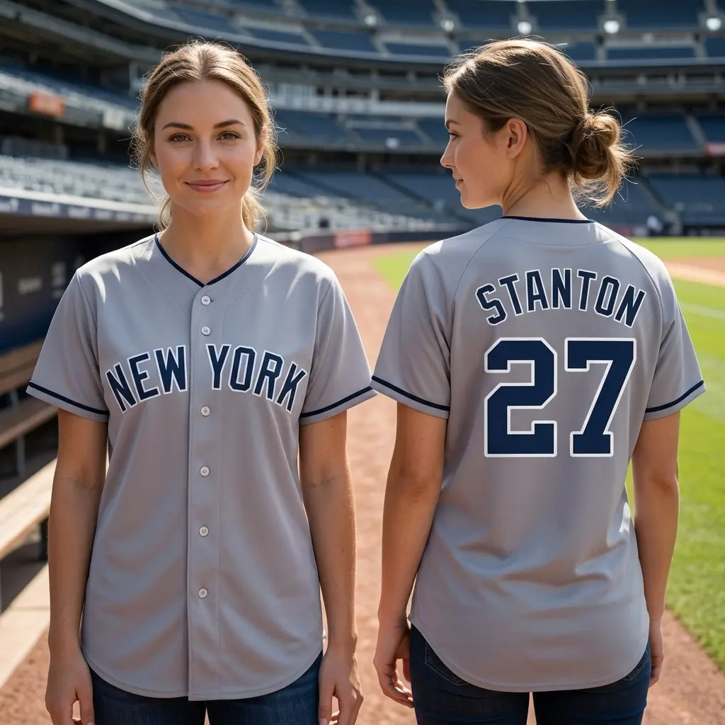 Stanton New York Baseball Jersey, Classic Gray Pinstripe Button-Up Mesh Bronx Bombers Style Breathable Fabric #27, Perfect Gift for Baseball Fan