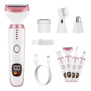 Women's Bikini Trimmer, 4-in-1 Electric Shaver, Cordless Replaceable Facial Eyebrow Shaver and Nose Hair Trimmer with LED Display, Hair Removal Gift for Women