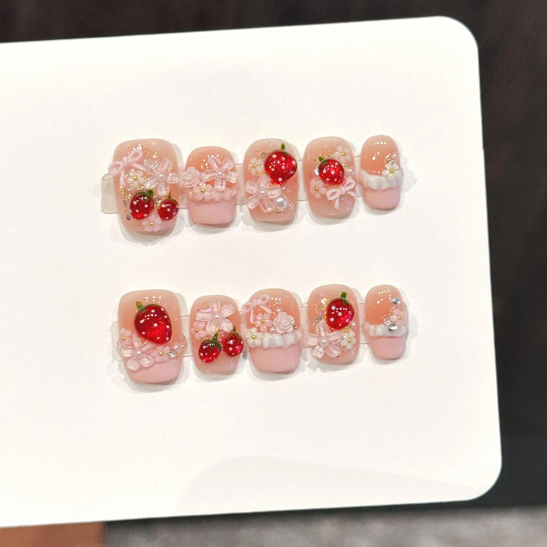 10 PCS Luxury Handmade Press on Nails Short Vallet Powdered strawberry Design with 3-PIECE Tool Adhesive Nail Glue Tabs