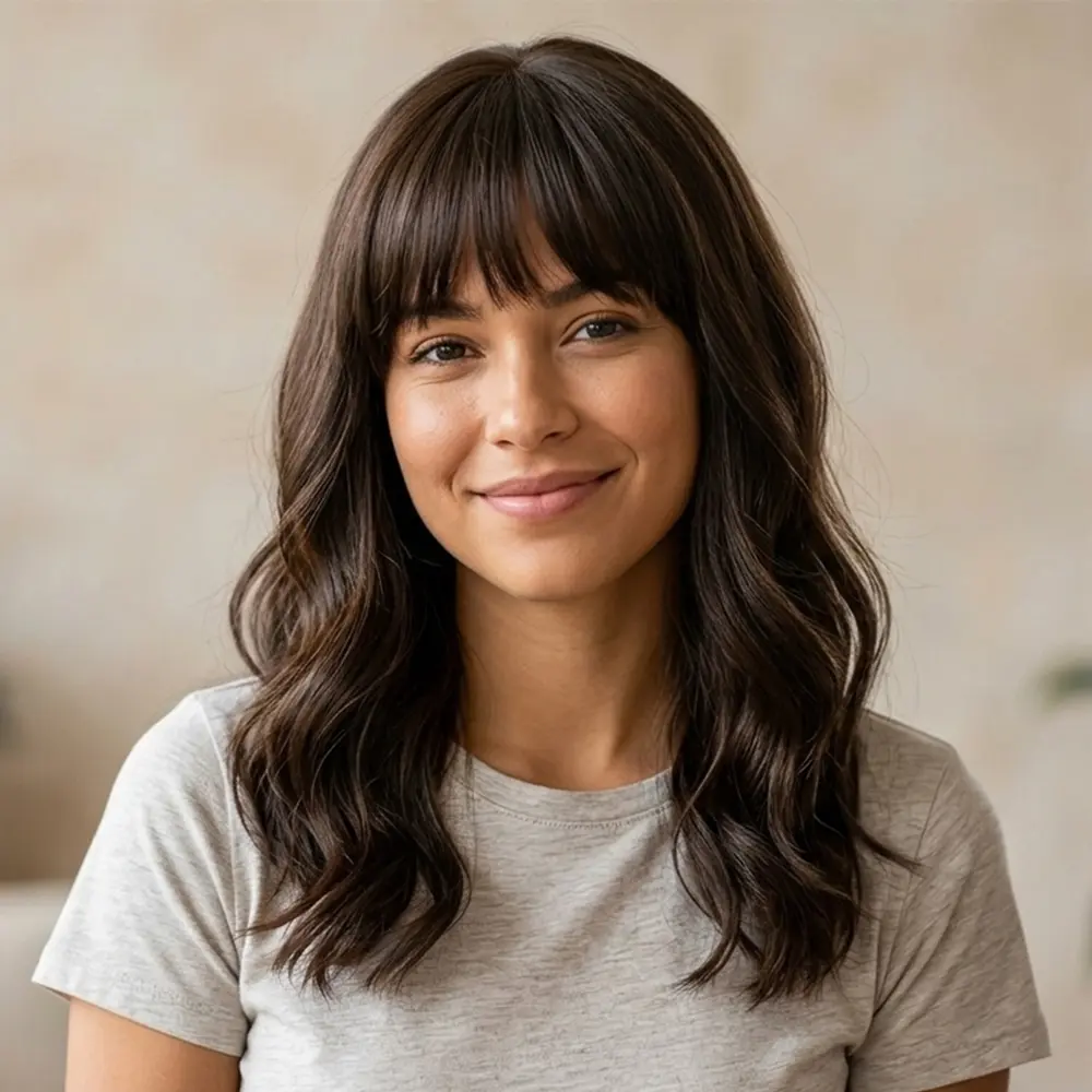 AISI HAIR Long Wigs with Bangs, Synthetic Natural Looking Layered Straight Hair Wig for Women Daily Party Use Realistic Illusion Hairline Heat Resistant Wigs