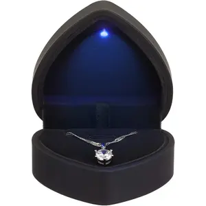 Heart Shaped LED Pendant Necklace Box,   Boxes for Bracelet Bracelets, Small  Display with Light for Proposal Engagement Wedding Valentine's Day (Black)