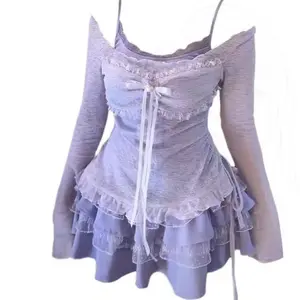 New Women Birthday Rave Korean Fashion Gyaru Y2k Coquette Outfits 2 Piece Set Fake Two Pieces Top + Mini Ruffle Skirts Chic