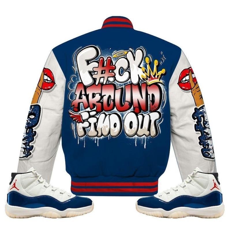 Dunkare Retro Rare Air 11s Varsity Jacket, FK Around Find Out All-Over Print Graphic Jacket, Streetwear Unisex College Style Outerwear, Sneaker Match Jacket