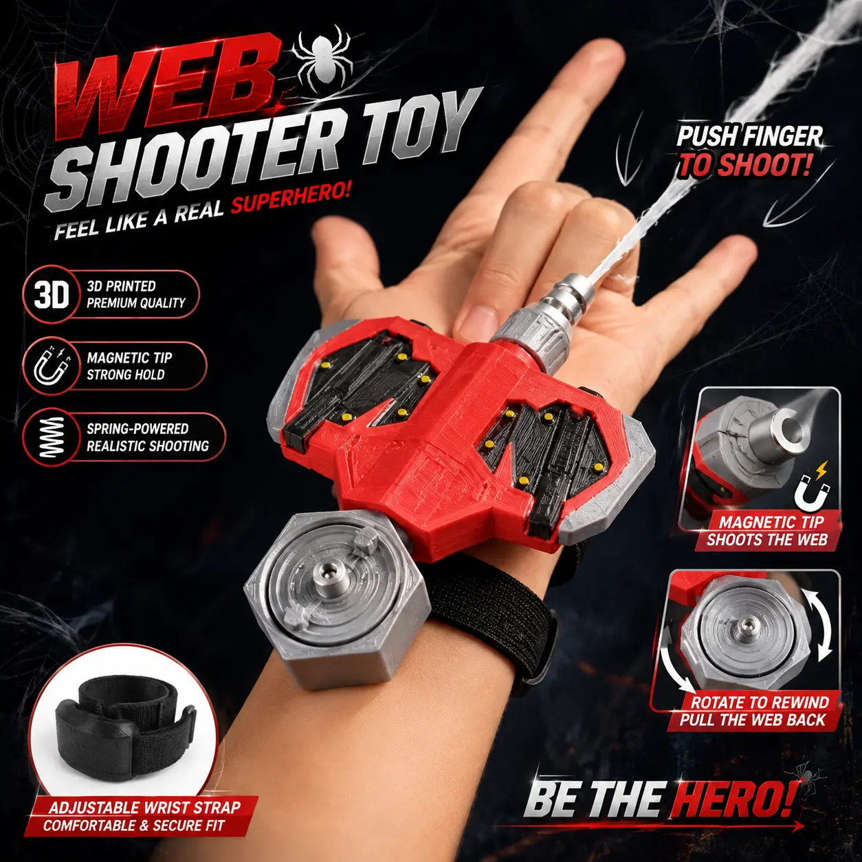Premium 3D Printed Web Shooter Toy - Spring-Powered String Launcher with Magnetic Tip - Hero Cosplay Prop Gadget