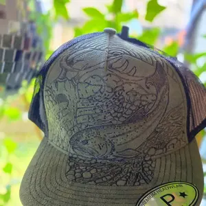 Premium Headwear Salmon Design Trucker Hat with Detailed hand-burned  design, Mesh Back for Comfort