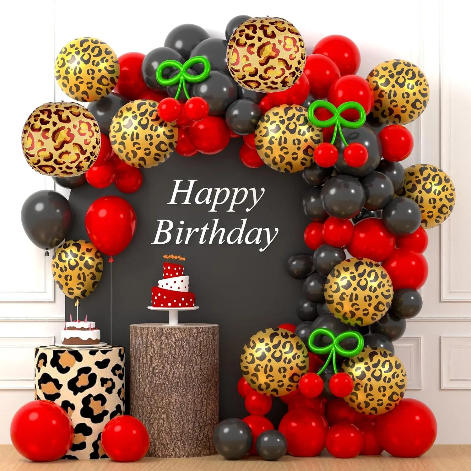 Black Red Cheetah Print Balloon Arch Kit, Black Brown Balloons Garland With Cherry And Cheetah Print Foil Balloons For Safari Jungle Wild Birthday Party Decorations