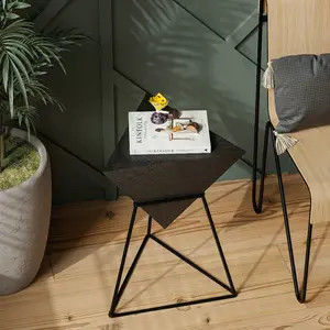 COZAYH Modern Geometric End Table With Wooden Top & Metal Base Unique Pyramid Design Black Natural Plant Stand for Office Living Room Bedroom