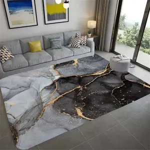 Black & White Marble with Gold Vein Flannel Area Rug, Abstract Area Rugs - Modern Abstract Stone Print Soft Mat for Living Room & Bedroom, Non-Slip Home Decor