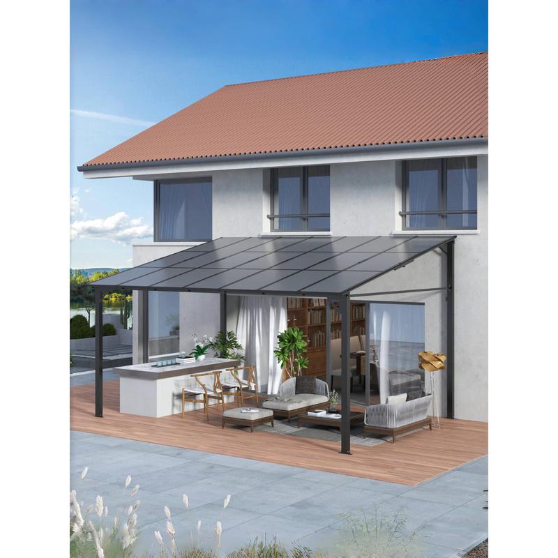 GARVEE 12x14FT Lean to Gazebo, Hardtop Wall Pergola with Polycarbonate Roof, Aluminum Frame Mounted Gazebo for Lawn Patio Deck Yard Party