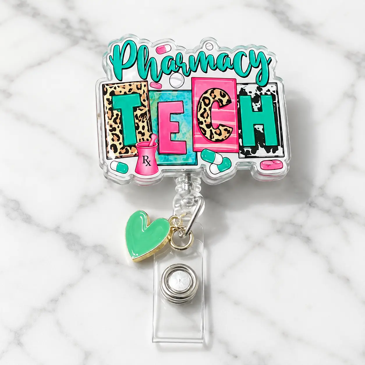 Pharmacy Tech Badge Reel | Colorful Retractable ID Badge Holder with Pills and Rx Design, Pharmacy Technician Work Accessory, 2 3 4 Inch Sizes