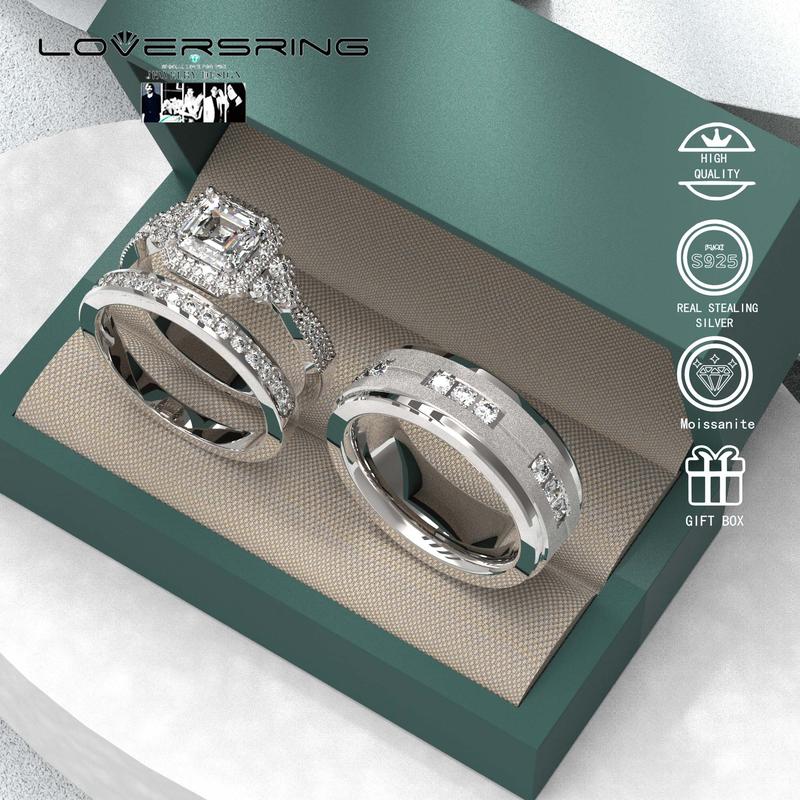 Wedding Ring Sets His And Hers Promise Ring Wedding Ring Sets His And Hers Couples Women 925 Sterling Silver Square Cut Moissanite Man titanium Wedding Band