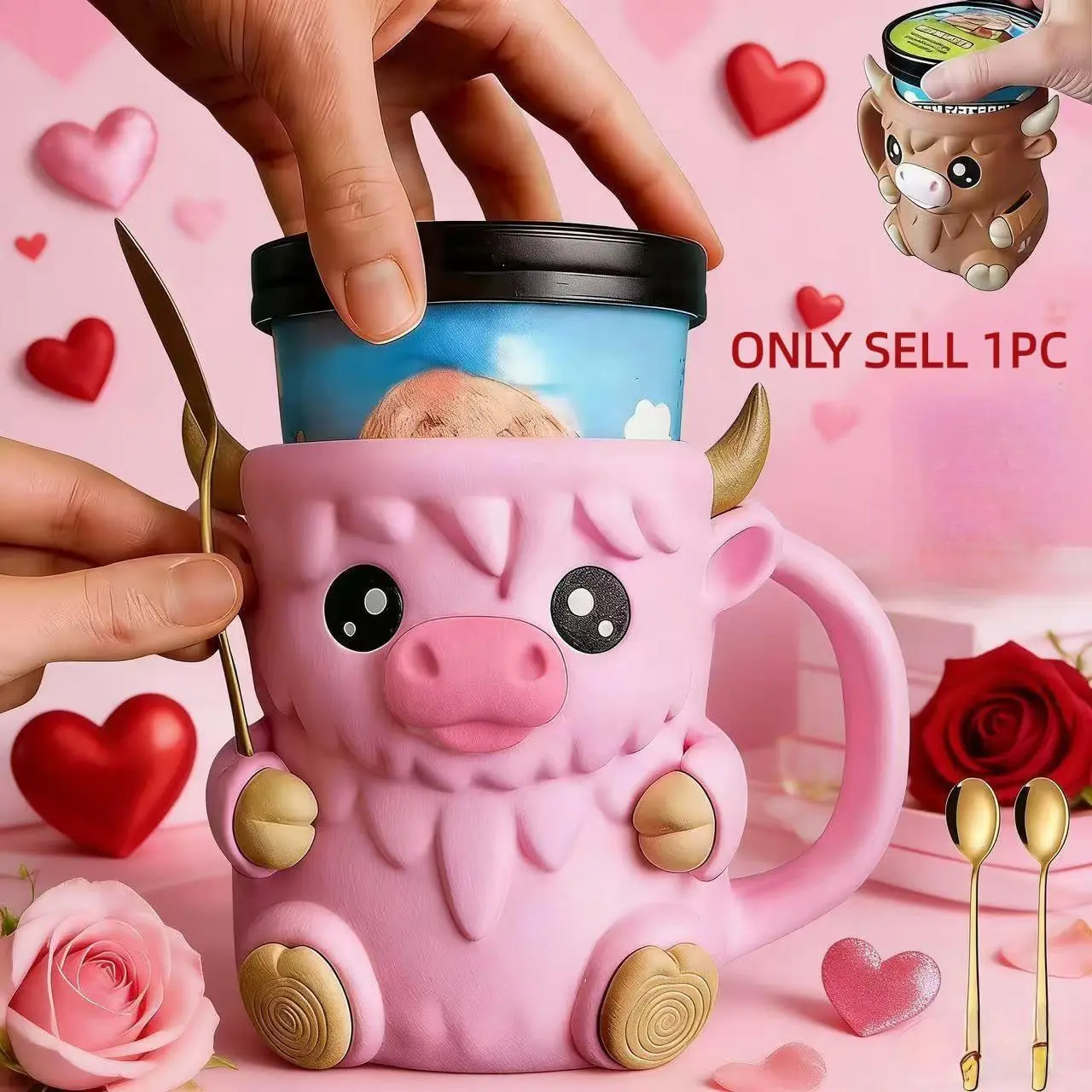 Highland Cow Ice Cream Cup Holder Set, Reusable 3D Printed Cups, Funny Accent Mug, Hidden Snack Storage Drawer, Multi-Purpose Beverage Cooler, Party Accessories