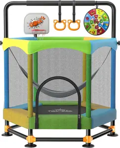 Indoor Trampoline with Safety Net, Adjustable Gymnastics Bar, Ring Legs for Kids Ages 1-8, 440 lbs Weight Capacity