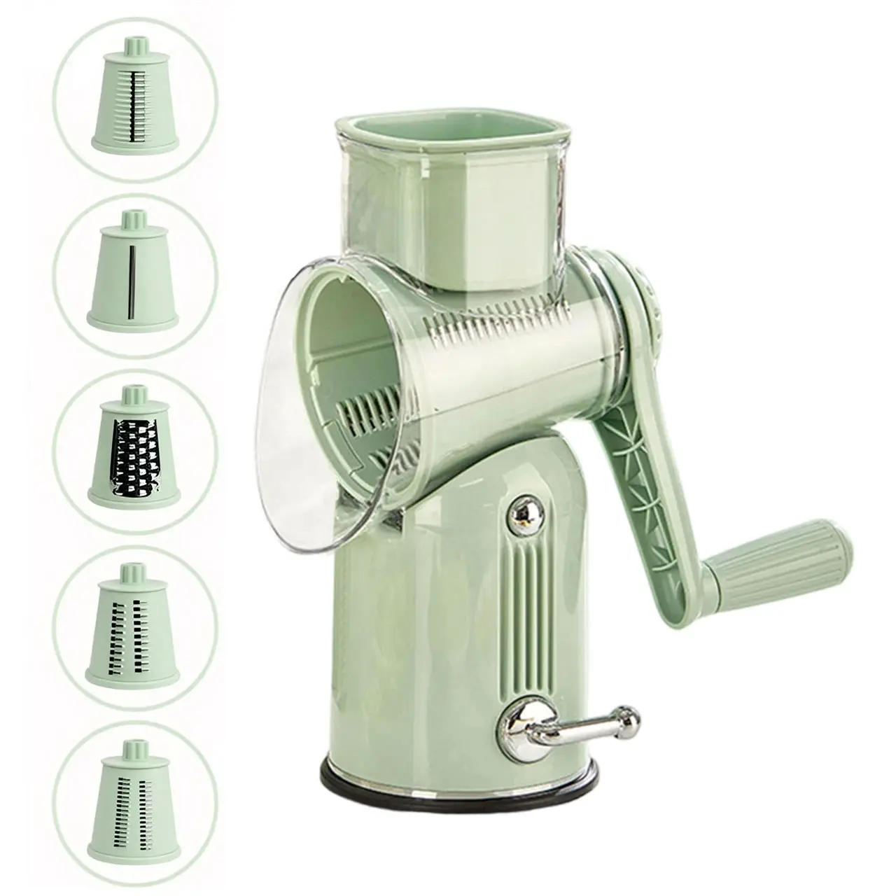 GOECI Rotary Cheese Grater with Handle, 5 Well-Designed Blades, Strong Suction Cup Base, Kitchen Utensils