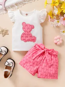 3-piece Set Of Baby Girl Elegant, Sweet, Soft And Comfortable Cartoon Bear Embroidery Decal Ruffle Top And Letter Pattern Sports Shorts With Belt Suitable For Casual Daily Vacations And Outings