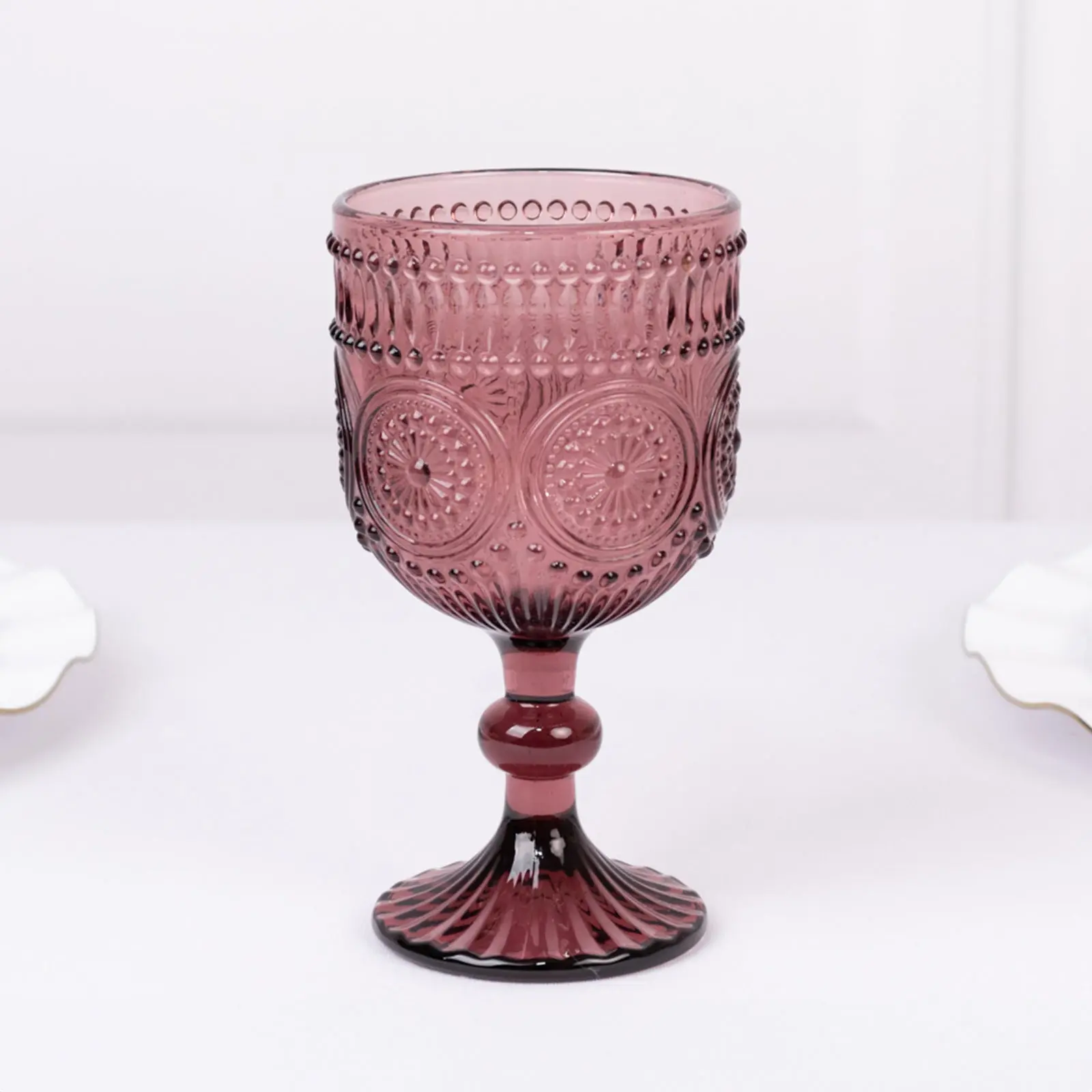 Vintage Embossed Goblets - 6-Pack 12oz Short Stemmed Blush Pink Dining Fashion Glasses, Textured Floral Drinkware with Decorative Accents for Party, Wedding Use