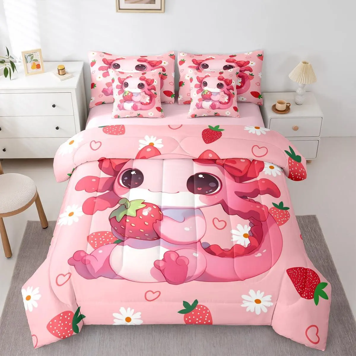 Cute Axolotl 7 Pieces Bedding Set | Pink Strawberry Bed in A Bag Cartoon Daisy Floral Flower Comforter Set with Sheets Kawaii Animal Axolotl Quilt Set