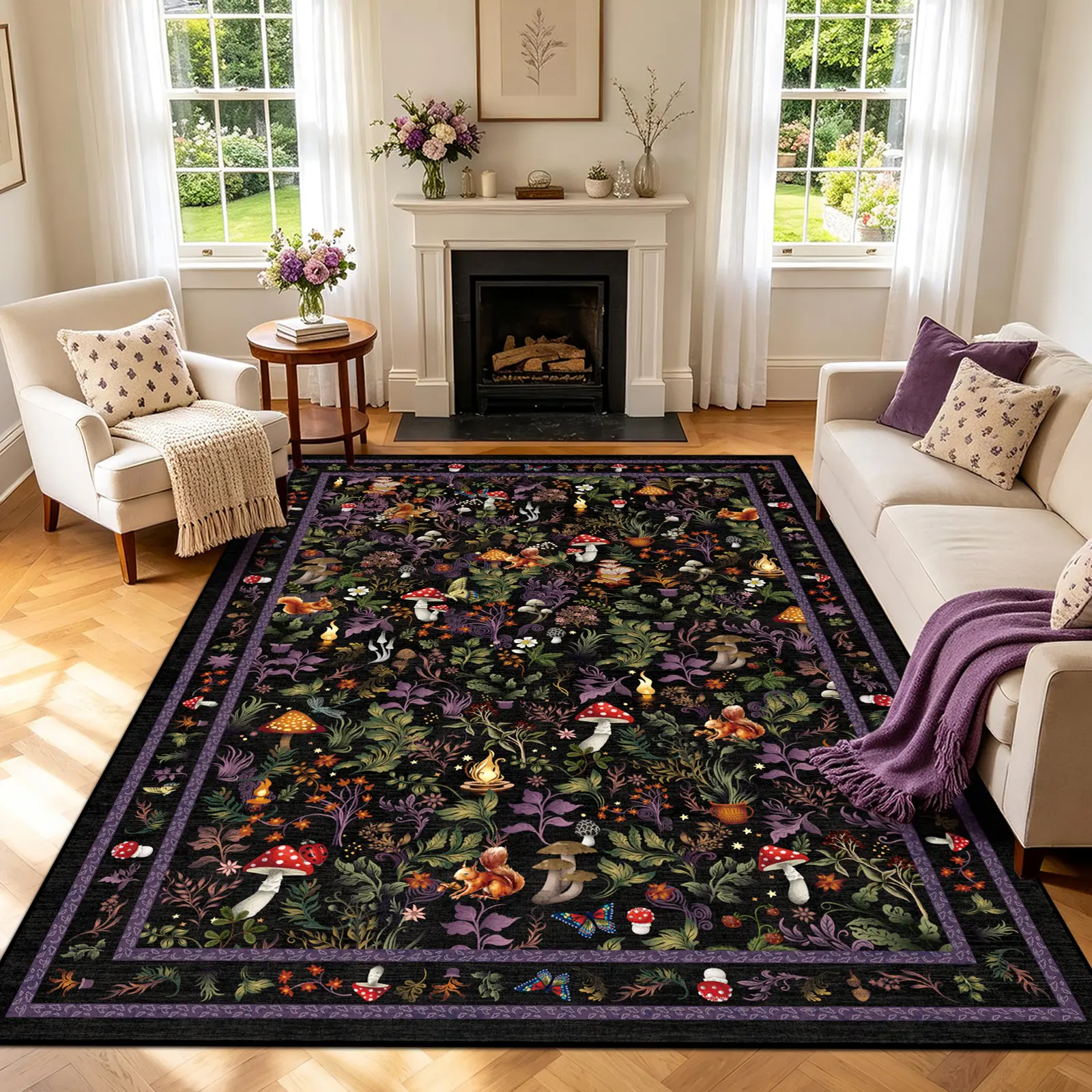 Geanup Fantasy Fox Mushroom Rug - Non-Slip Soft Thin Whimsical Home Decor, Cartoon Area Rugs for Living Room, Bedroom, Whimsical Botanical Animal Accent Floor Carpet for Household Spaces