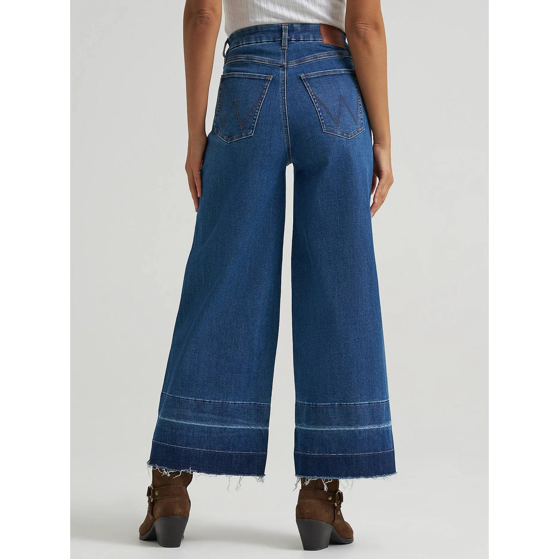 Women's High Rise Wide Leg Jeans, Bespoke Cropped Style with a Frayed Raw Hem, Relaxed Fit Cotton Polyester Blend Denim