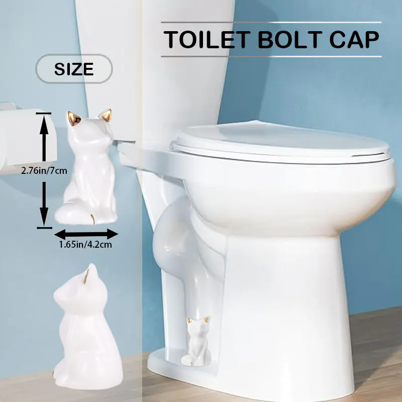 2 Pack Toilet Bolt Covers Decorative Lovely Cat Toilet BoltsScrew Cover Caps, White Ceramic Floor Bowl Knob CapsFashion Fun Animal Shape Bathroom Accessories to PreventBolts Rusting