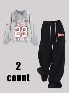2-Pack Black Racing Number 23 Tracksuit | Oversized V-Neck Sweatshirt + Baggy Pants - TikTok Viral Streetwear, Bold Speed Graphics, Comfy Fleece Fabric, Y2K Sporty Aesthetic, Sweatsuit Outfits, Sweat Suit Set, Perfect for #OOTD, #StreetwearVibes, #CozyFit