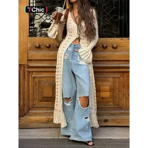 Women's Plain Hollow Out Button Front Cardigan, Elegant Flounce Sleeve Knitwear for Summer, Fashion Women's Knit Clothing for Daily Wear
