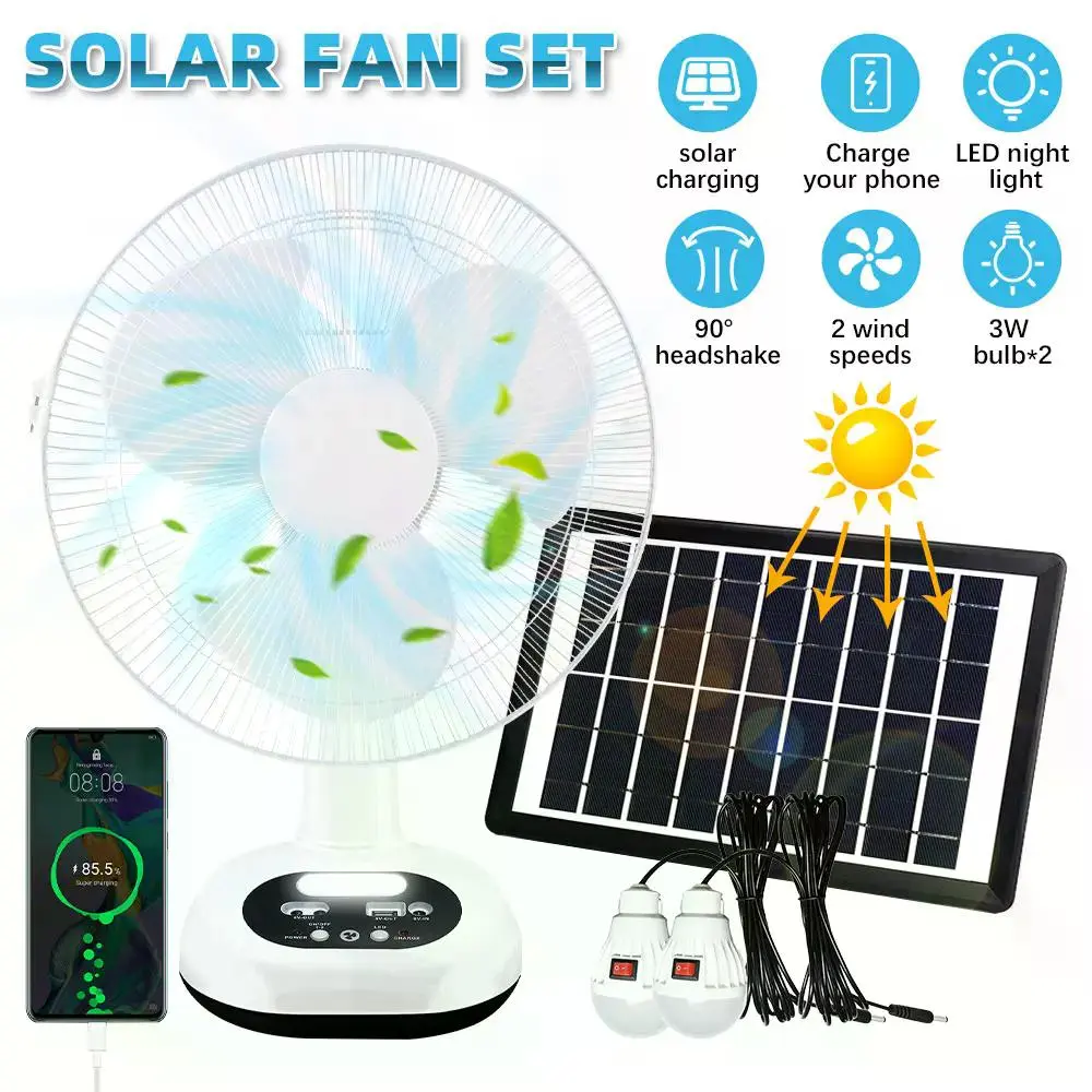 【DealsForYouDays】Rechargeable Table Fan with LED Bulbs & Solar Panel,USB Charging, 6V 4500mAh Battery, 18W DC Motor, Wide-Angle Airflow, Portable Solar Fan Kit for Indoor & Outdoor Use