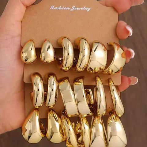 Women's Fashion Gold-Tone Earrings Set, C-Shaped & Teardrop Design, Multiple Styles, Fashion High-Quality Jewelry for Daily Wear, Gift Ideas, Trendy Jewelry