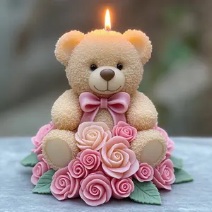 Rose Bear Embossed Candle Mold, 3D Flower & Bow Shape Silicone Mould, Reusable Romantic Desktop Gift Making Tool, Crafts
