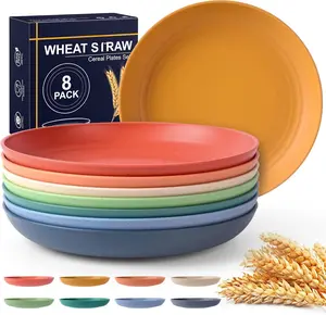 8-Pack 8inch Unbreakable Deep Dinner Plates, Wheat Straw Plastic Plates Dishwasher Safe Kitchen Plates Dinnerware Multicolor