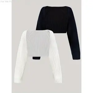 Qianzhuo Digital Store Solid Color Knit Crop Cardigan 2 Packs, Elegant Long Sleeve Shrug For Spring & Fall, Women's Clothing