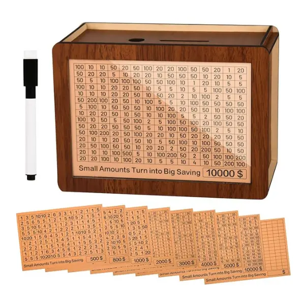 10000 Wooden Money Saving Challenge Box Cash Vault Piggy Bank for Adults Kids Savings Goals Smash Box Saver (10 Amounts)