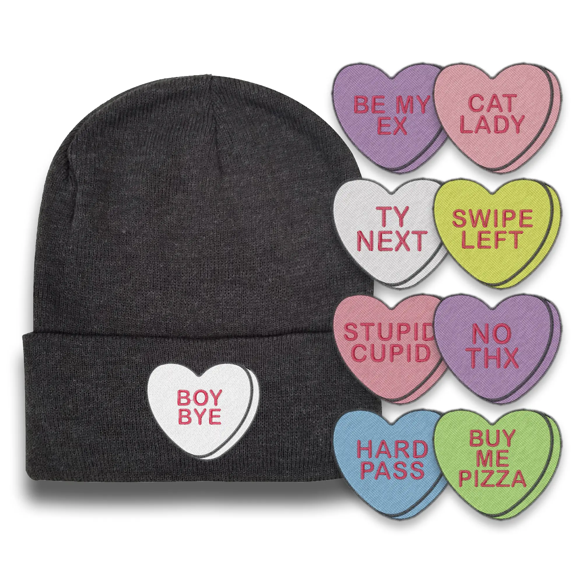 Valentine's Day Candy Heart Embroidered Cuffed Knit Beanie